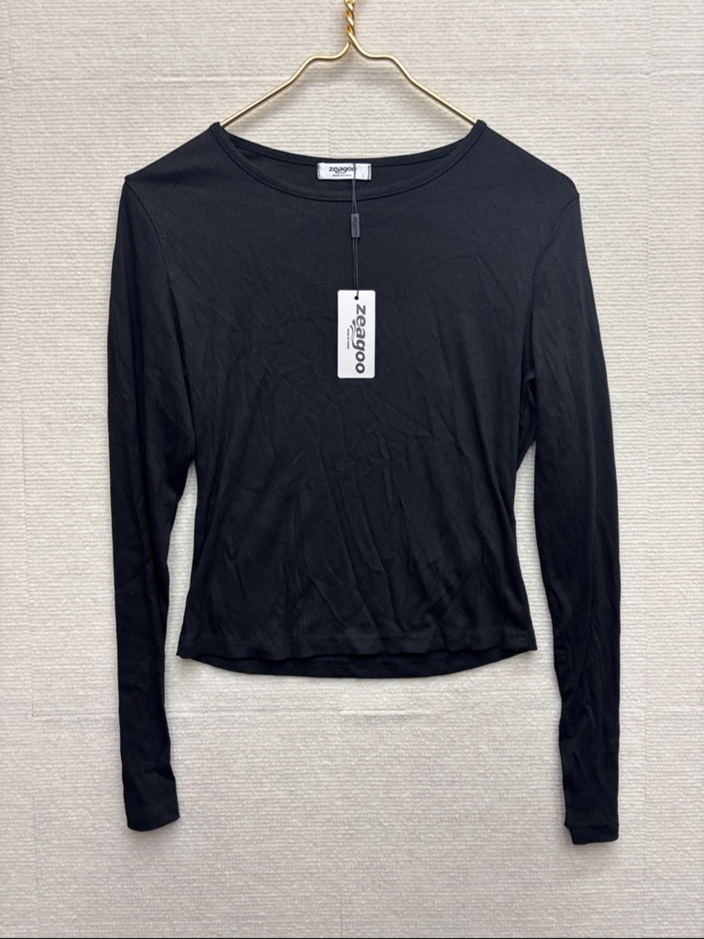 New Zeagoo | Black Long-Sleeve Ribbed Crewneck Top large